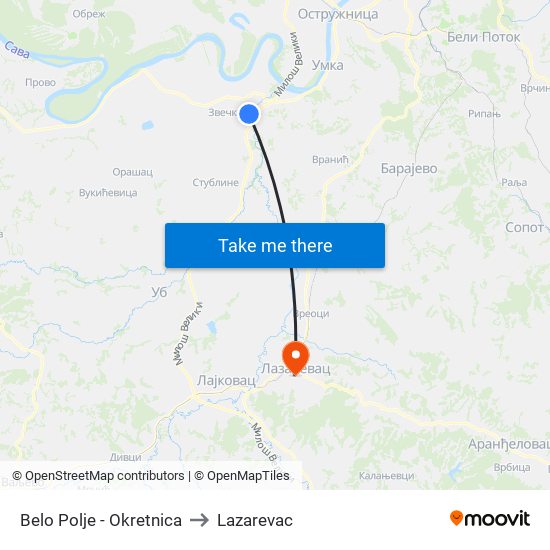 Belo Polje - Okretnica to Lazarevac map