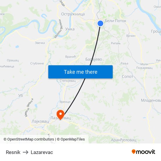 Resnik to Lazarevac map