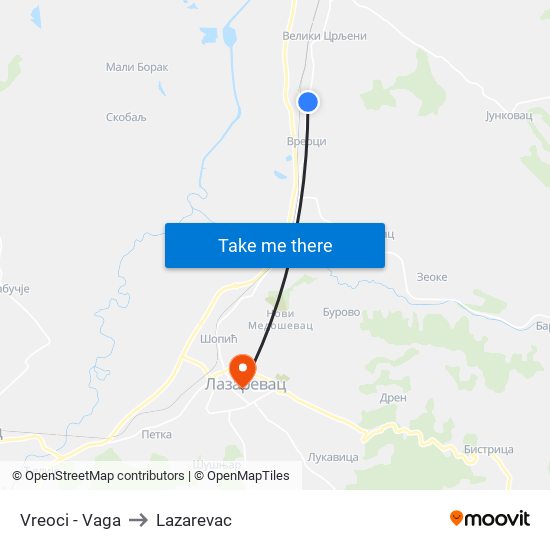 Vreoci - Vaga to Lazarevac map