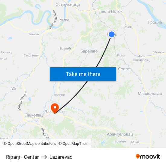 Ripanj - Centar to Lazarevac map
