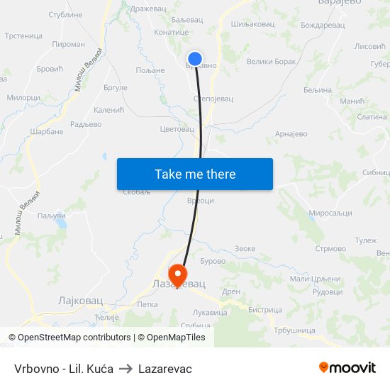 Vrbovno - Lil. Kuća to Lazarevac map