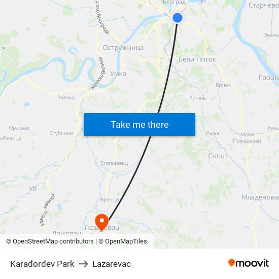 Karađorđev Park to Lazarevac map