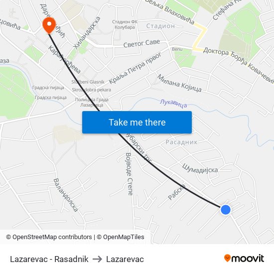 Lazarevac - Rasadnik to Lazarevac map