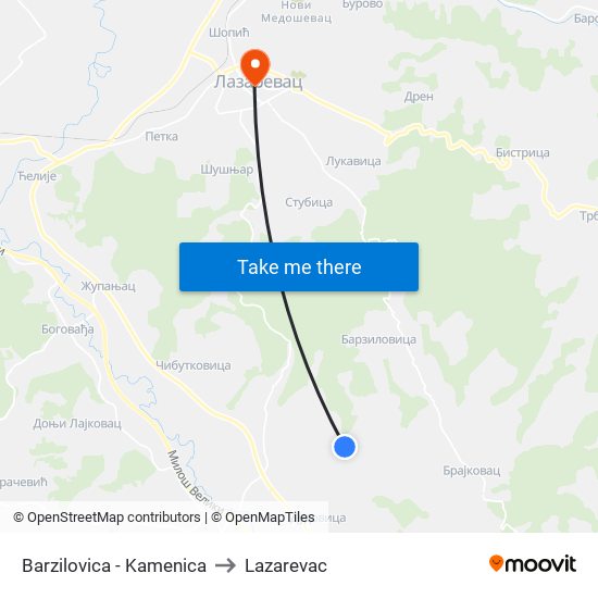 Barzilovica - Kamenica to Lazarevac map