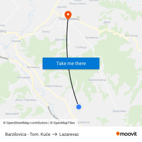 Barzilovica - Tom. Kuće to Lazarevac map