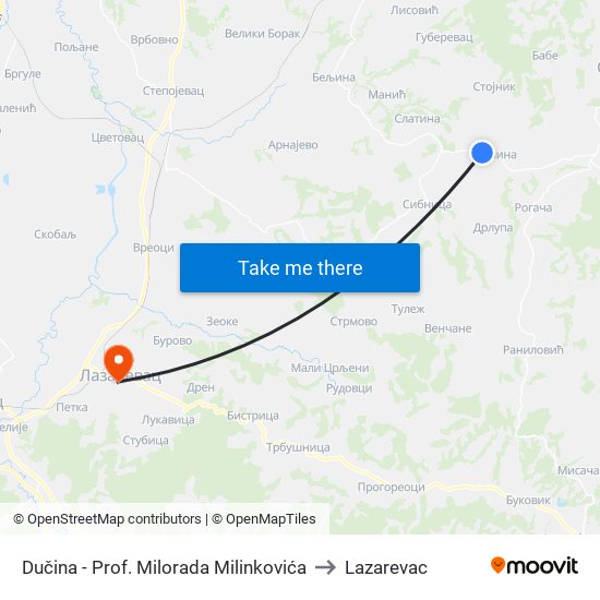 Dučina - Prof. Milorada Milinkovića to Lazarevac map