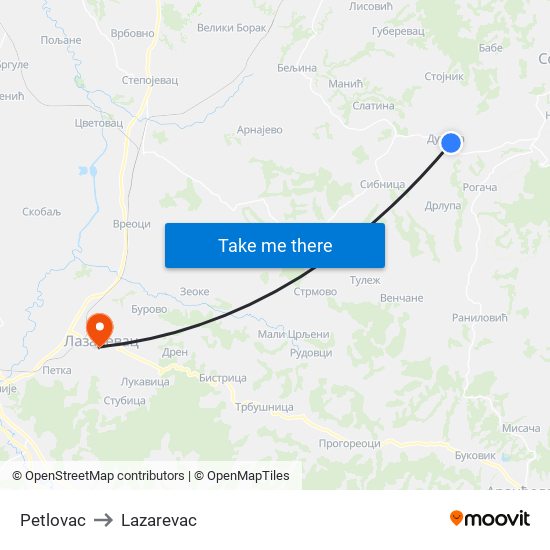 Petlovac to Lazarevac map