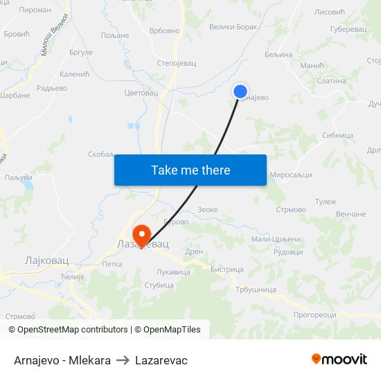 Аrnajevo - Mlekara to Lazarevac map