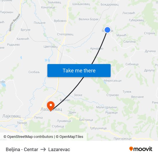 Beljina - Centar to Lazarevac map