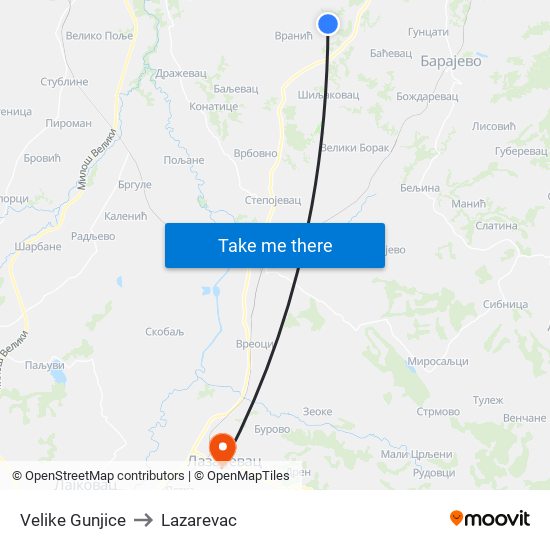 Velike Gunjice to Lazarevac map