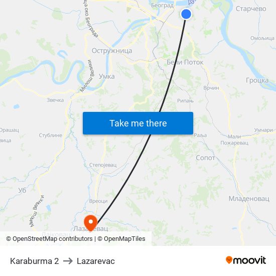 Karaburma 2 to Lazarevac map