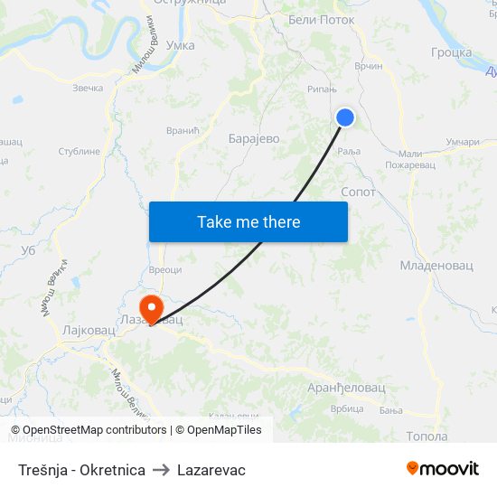 Trešnja - Okretnica to Lazarevac map