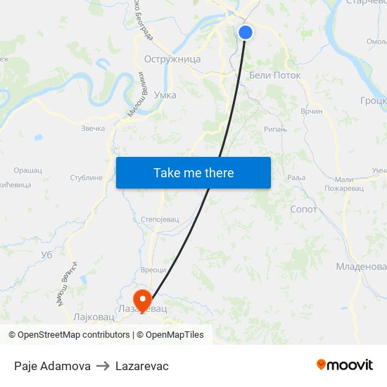 Paje Adamova to Lazarevac map