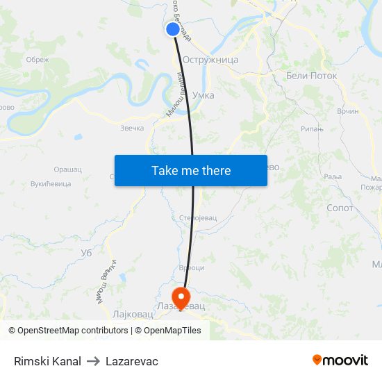 Rimski Kanal to Lazarevac map