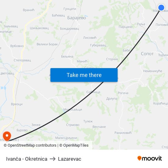 Ivanča - Okretnica to Lazarevac map