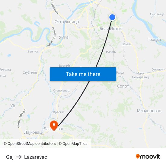 Gaj to Lazarevac map