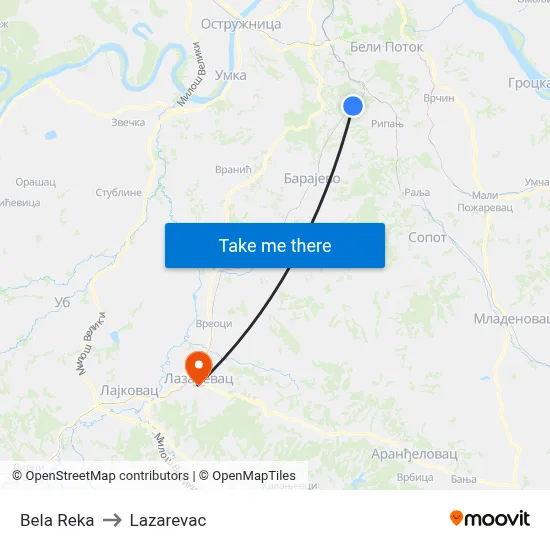 Bela Reka to Lazarevac map