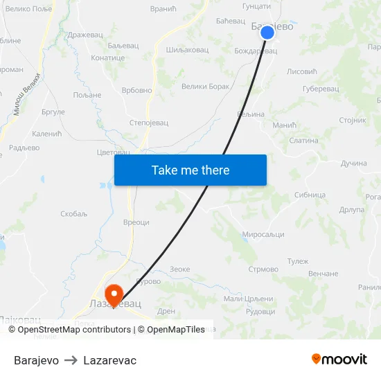 Barajevo to Lazarevac map