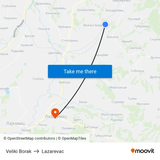 Veliki Borak to Lazarevac map