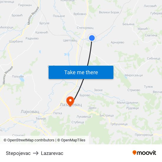 Stepojevac to Lazarevac map