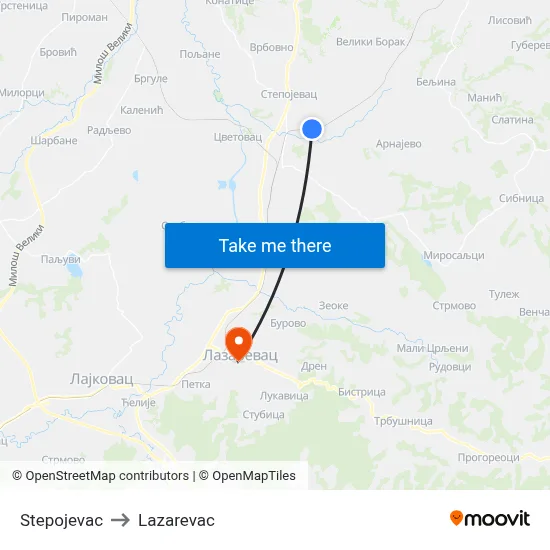Stepojevac to Lazarevac map