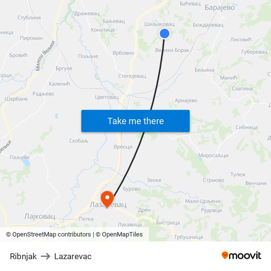 Ribnjak to Lazarevac map