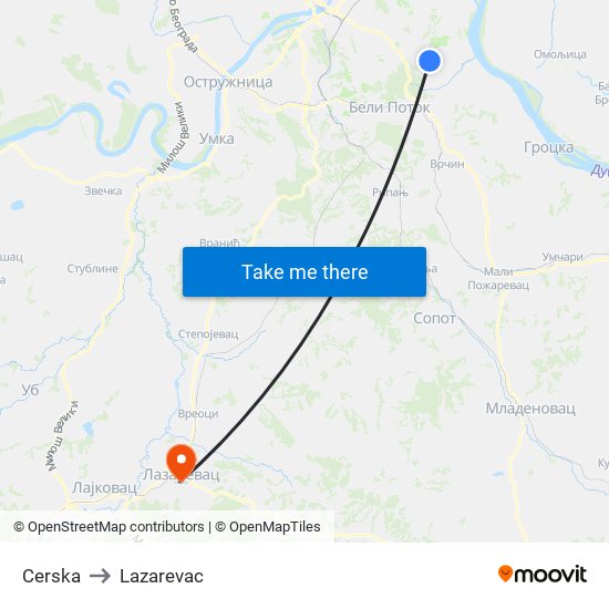 Cerska to Lazarevac map