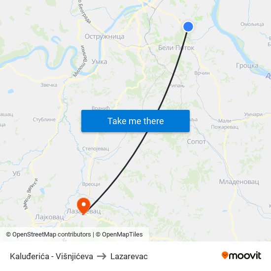 Kaluđerića - Višnjićeva to Lazarevac map