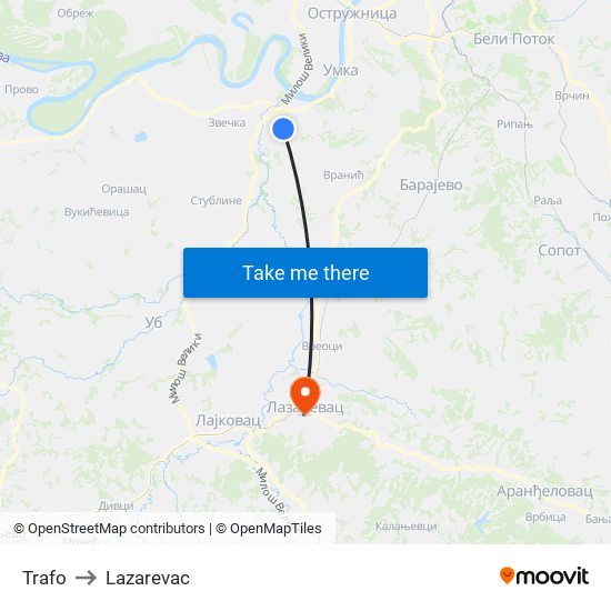 Trafo to Lazarevac map