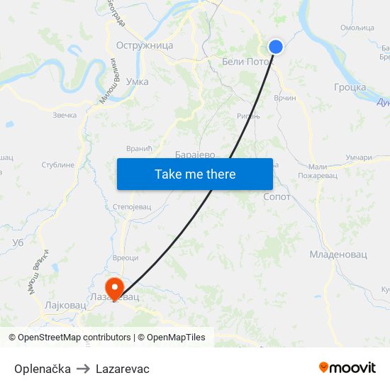 Oplenačka to Lazarevac map