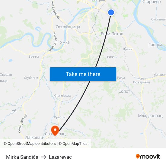 Mirka Sandića to Lazarevac map