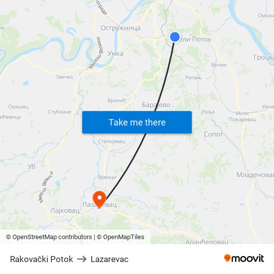 Rakovački Potok to Lazarevac map