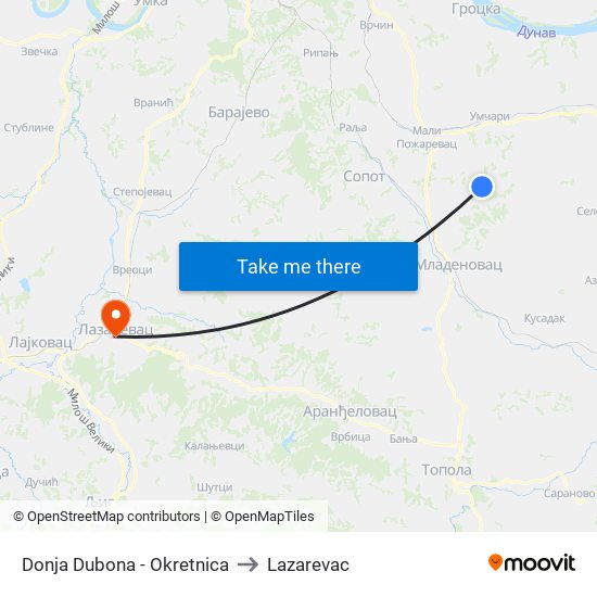 Donja Dubona - Okretnica to Lazarevac map