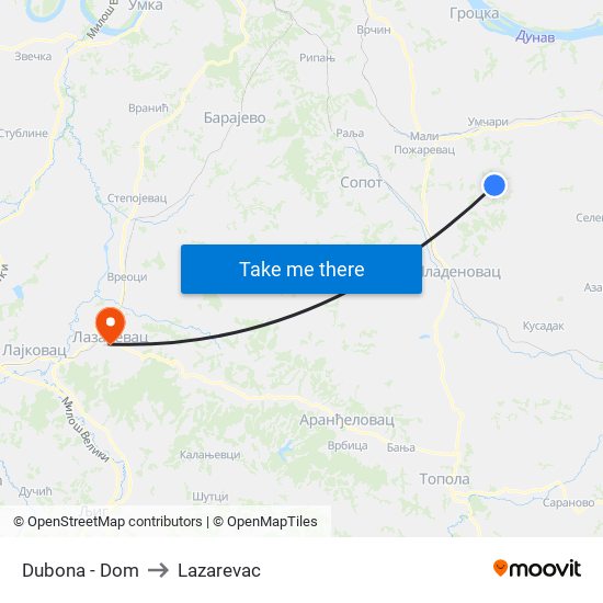 Dubona - Dom to Lazarevac map