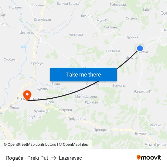 Rogača - Preki Put to Lazarevac map