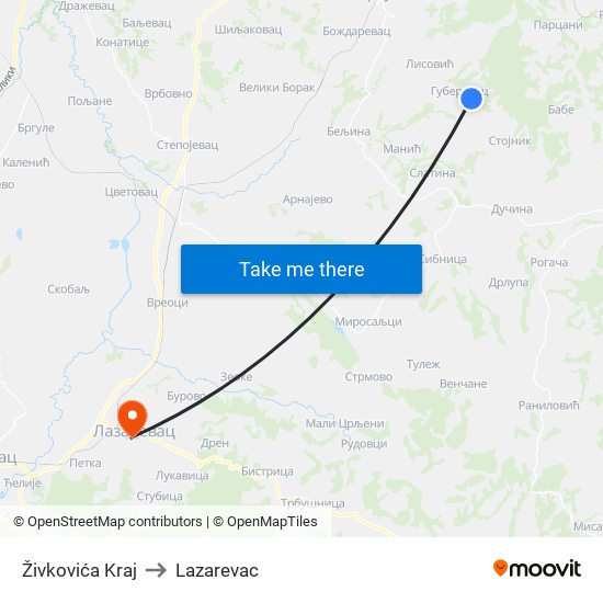 Živkovića Kraj to Lazarevac map