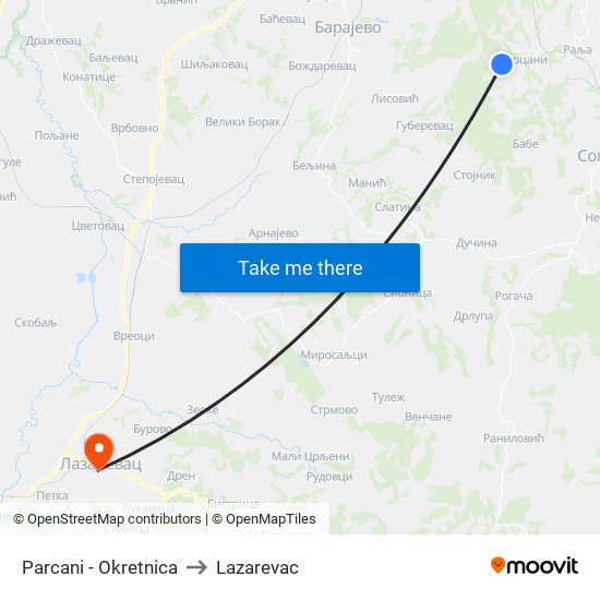 Parcani - Okretnica to Lazarevac map