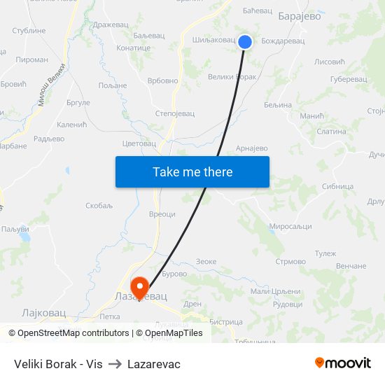 Veliki Borak - Vis to Lazarevac map