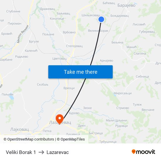 Veliki Borak 1 to Lazarevac map