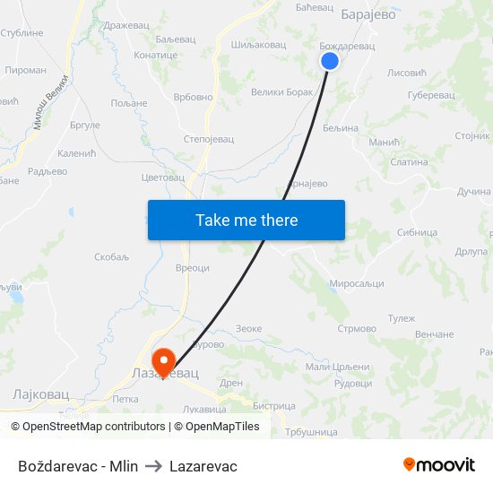 Boždarevac - Mlin to Lazarevac map