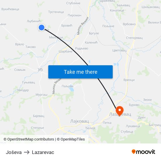 Joševa to Lazarevac map