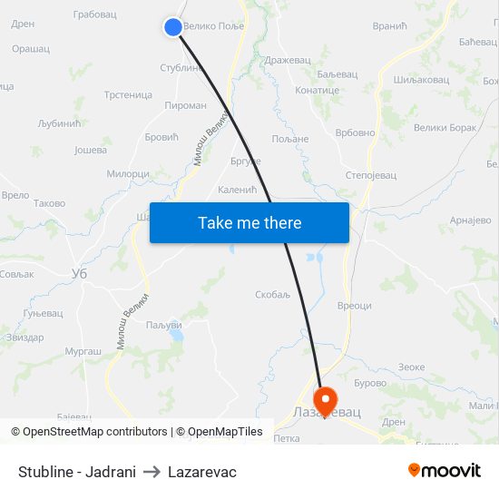 Stubline - Jadrani to Lazarevac map