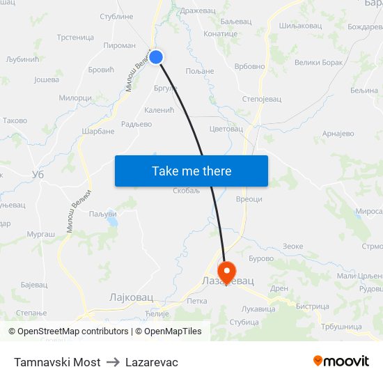 Tamnavski Most to Lazarevac map