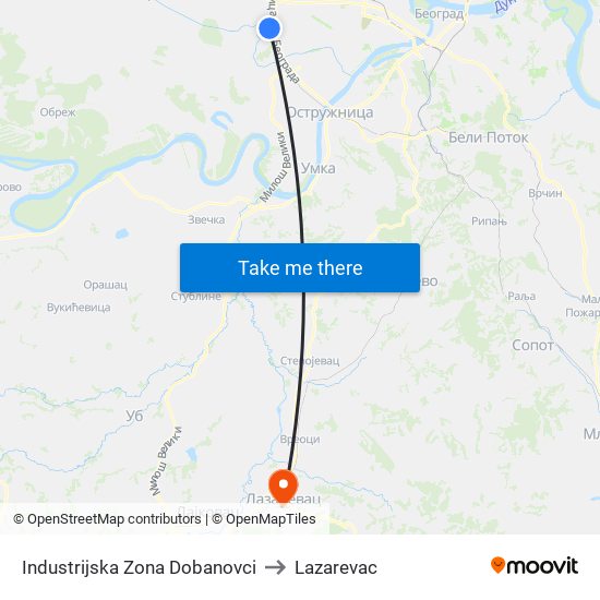 Industrijska Zona Dobanovci to Lazarevac map