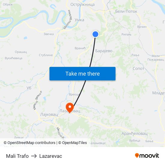 Mali Trafo to Lazarevac map