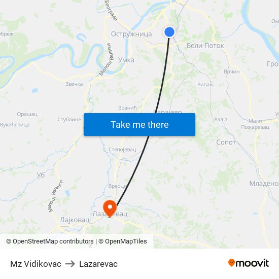 Mz Vidikovac to Lazarevac map