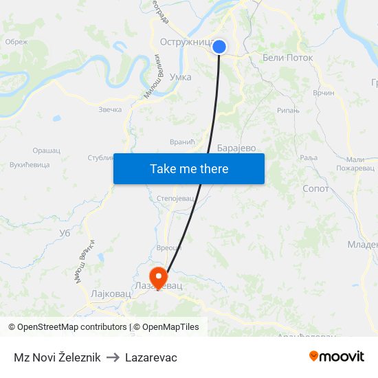 Mz Novi Železnik to Lazarevac map
