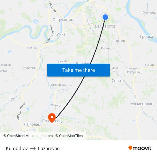 Kumodraž to Lazarevac map