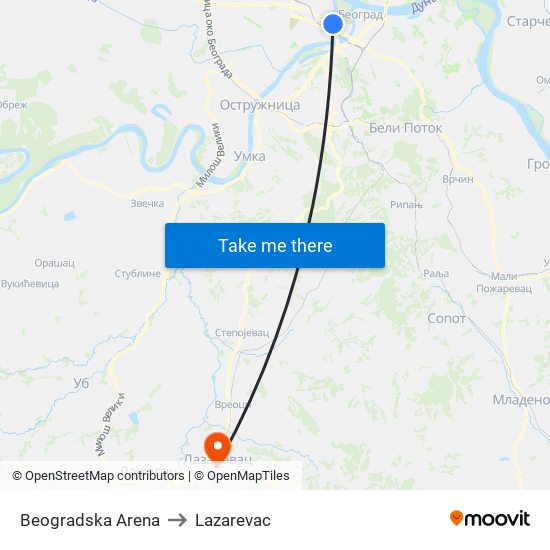 Beogradska Arena to Lazarevac map