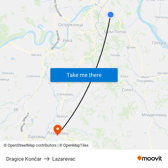 Dragice Končar to Lazarevac map